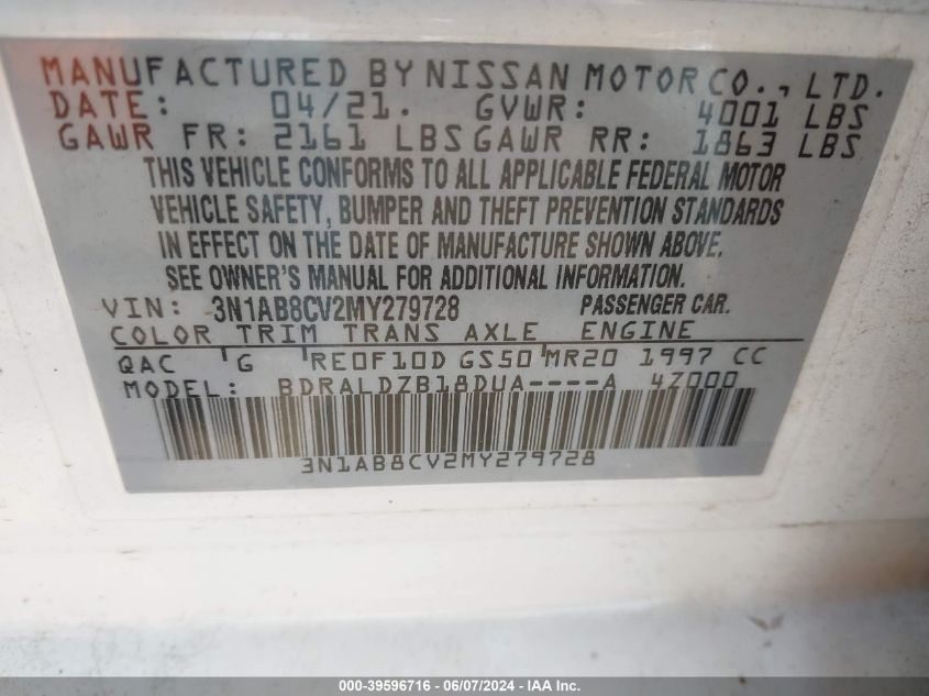 2021 Nissan Sentra Sv Xtronic Cvt VIN: 3N1AB8CV2MY279728 Lot: 39596716