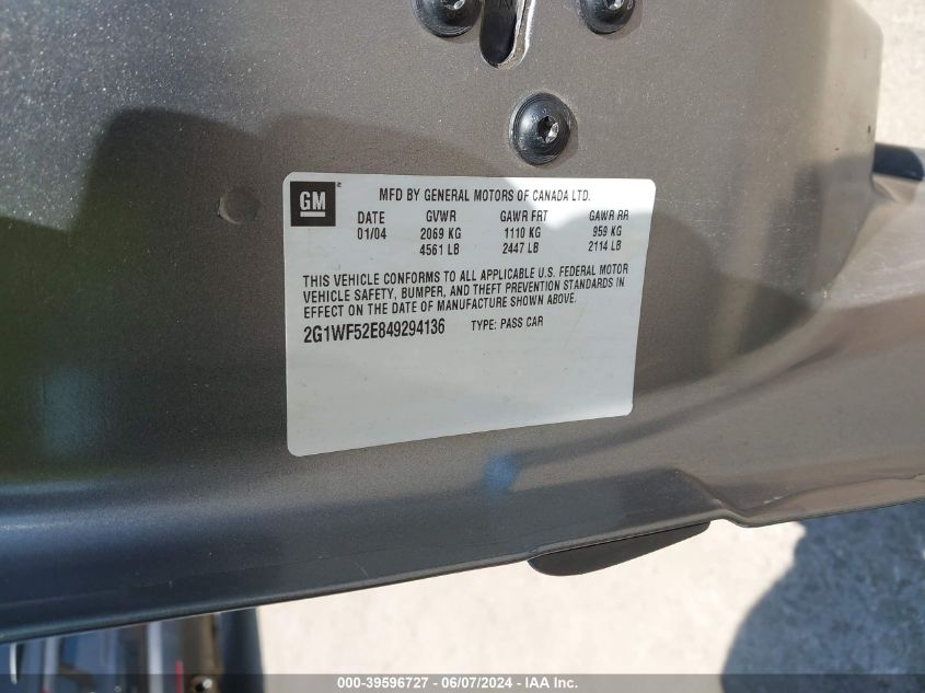 2004 Chevrolet Impala VIN: 2G1WF52E849294136 Lot: 39596727