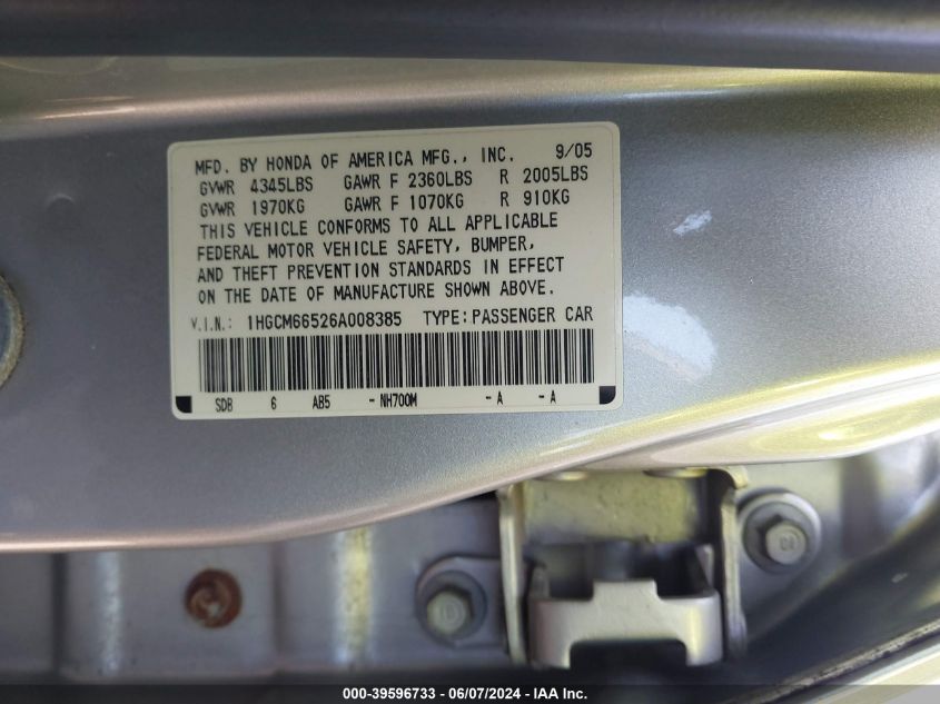 2006 Honda Accord 3.0 Ex VIN: 1HGCM66526A008385 Lot: 39596733