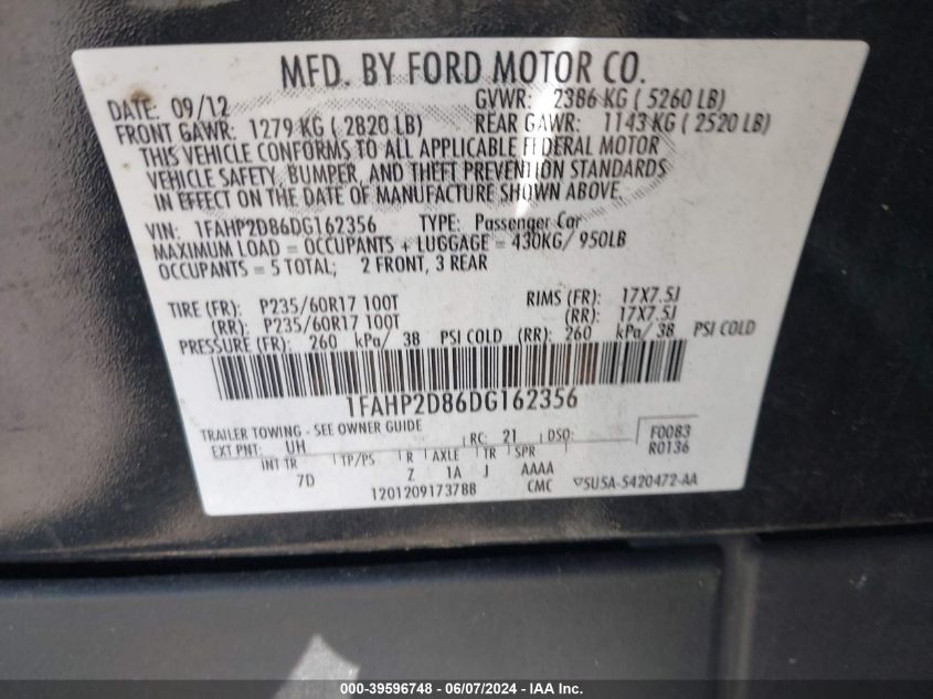 2013 Ford Taurus Se VIN: 1FAHP2D86DG162356 Lot: 39596748