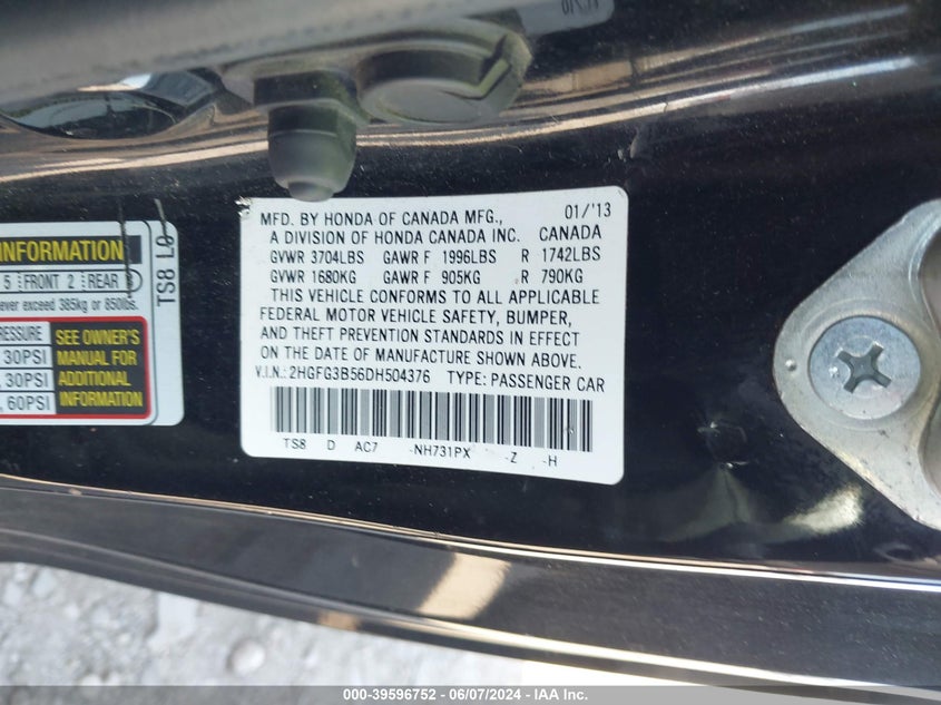 2013 Honda Civic Lx VIN: 2HGFG3B56DH504376 Lot: 39596752