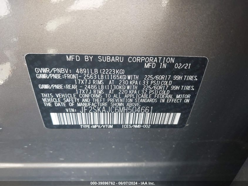 2021 Subaru Forester Premium VIN: JF2SKAJC6MH504661 Lot: 39596762