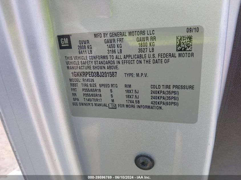 2011 GMC Acadia Sle VIN: 1GKKRPED3BJ201587 Lot: 39596769