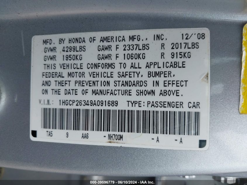 2009 Honda Accord 2.4 Lx VIN: 1HGCP26349A091689 Lot: 39596779