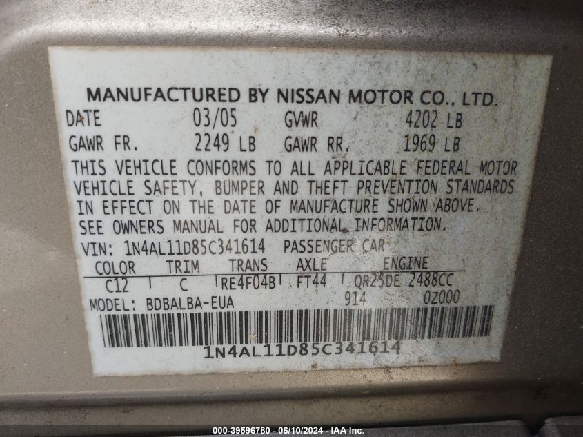 2005 Nissan Altima 2.5 S VIN: 1N4AL11D85C341614 Lot: 39596780