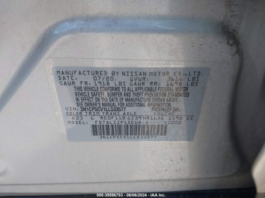 2020 Nissan Kicks Sv Xtronic Cvt VIN: 3N1CP5CV1LL533577 Lot: 39596783