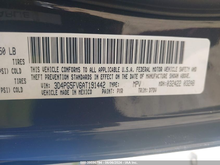 2010 Dodge Journey Sxt VIN: 3D4PG5FV6AT191442 Lot: 39596794