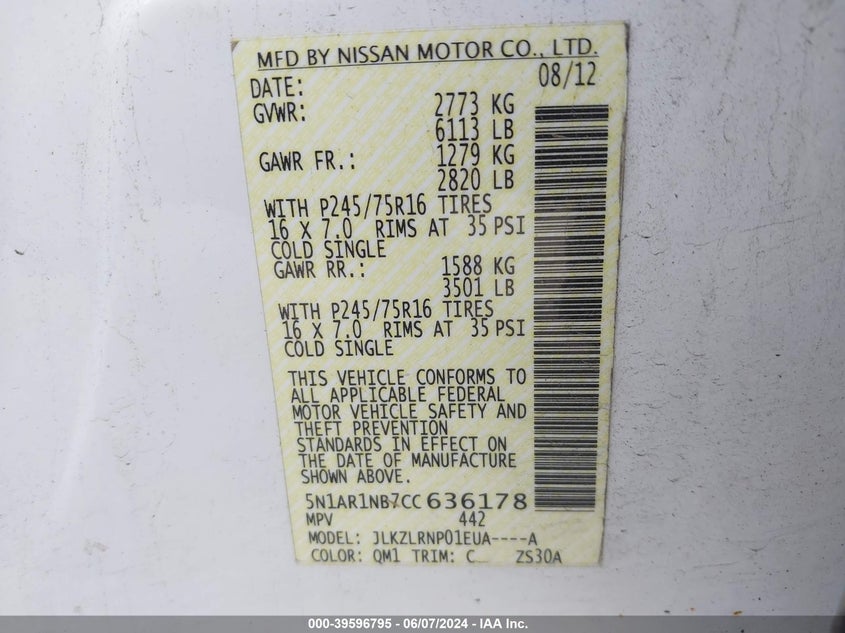 2012 Nissan Pathfinder S VIN: 5N1AR1NB7CC636178 Lot: 39596795