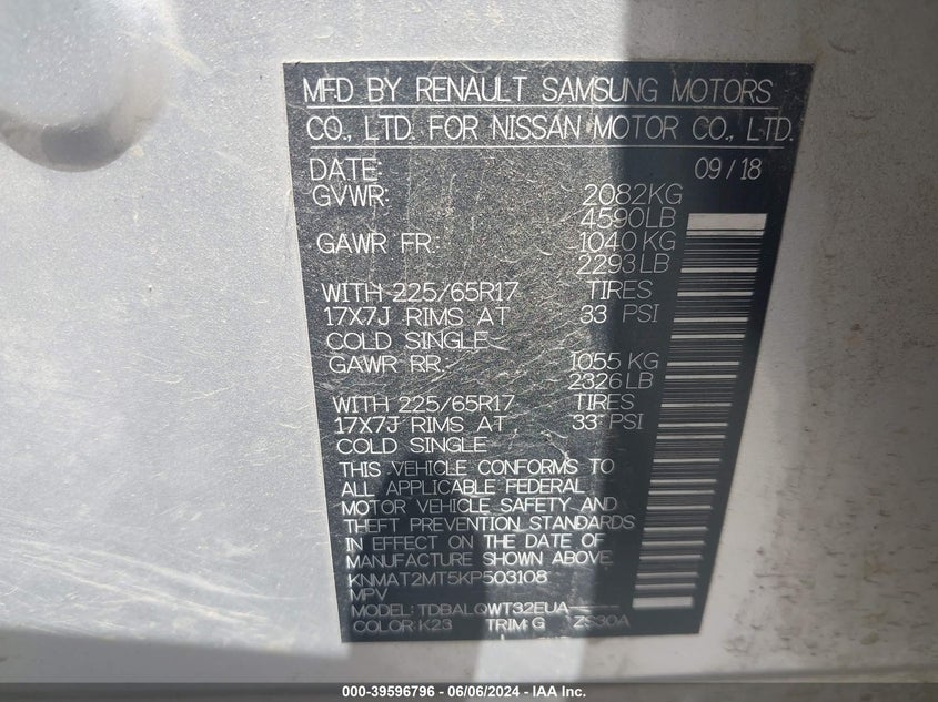 2019 Nissan Rogue Sv VIN: KNMAT2MT5KP503108 Lot: 39596796