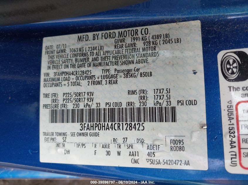 2012 Ford Fusion Se VIN: 3FAHP0HA4CR128425 Lot: 39596797