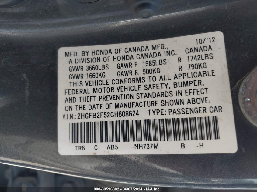 2012 Honda Civic Lx VIN: 2HGFB2F52CH608624 Lot: 39596802