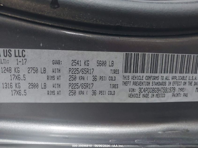 2017 Dodge Journey Sxt Awd VIN: 3C4PDDBG9HT591979 Lot: 39596810