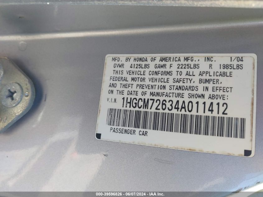 2004 Honda Accord 2.4 Ex VIN: 1HGCM72634A011412 Lot: 39596826