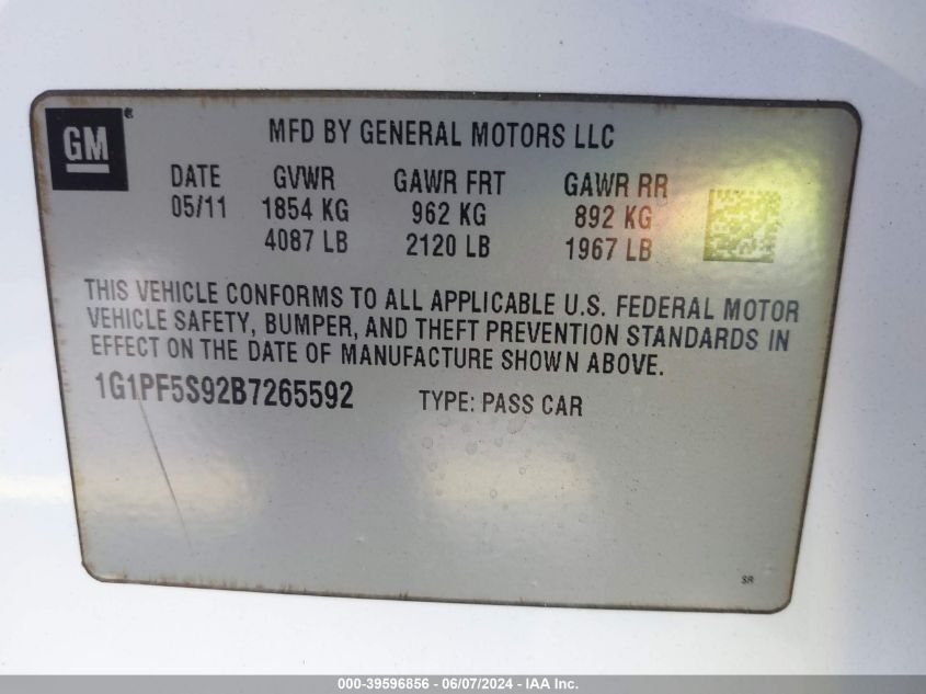 2011 Chevrolet Cruze 1Lt VIN: 1G1PF5S92B7265592 Lot: 39596856