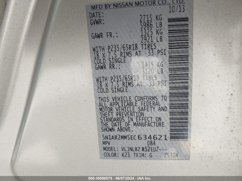 2014 Nissan Pathfinder S VIN: 5N1AR2MM5EC634621 Lot: 39596875