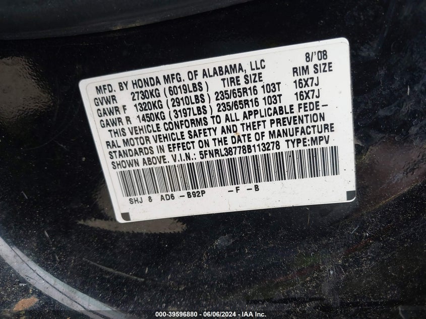 2008 Honda Odyssey Ex-L VIN: 5FNRL38778B113278 Lot: 39596880