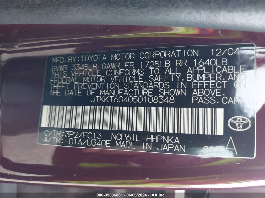 2005 Scion Xa VIN: JTKKT604050108348 Lot: 39596881