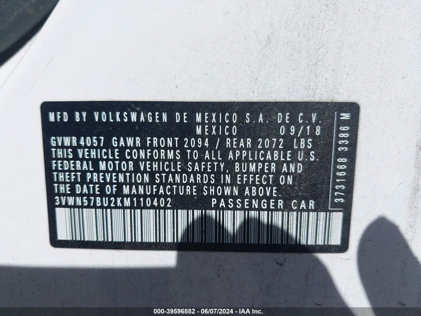 2019 Volkswagen Jetta 1.4T S VIN: 3VWN57BU2KM110402 Lot: 39596882