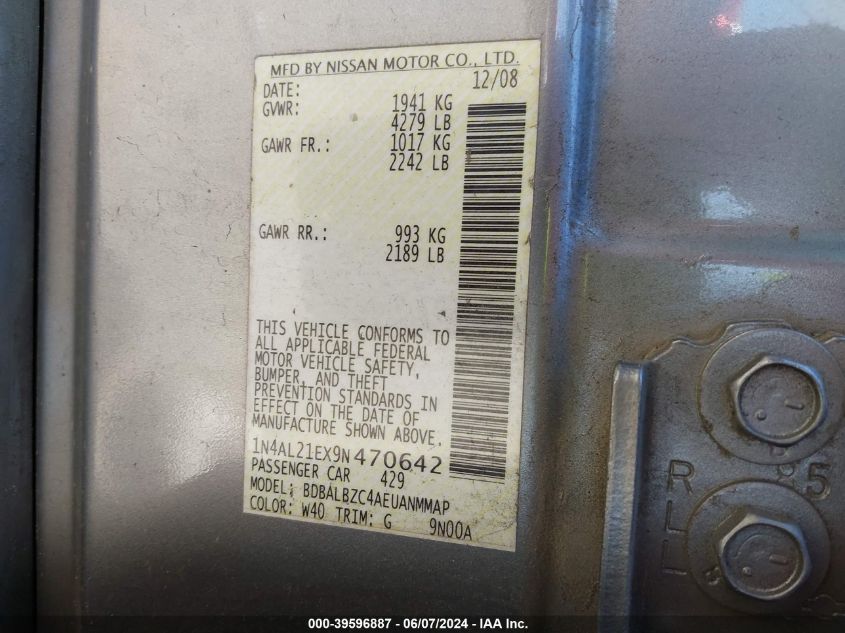 2009 Nissan Altima 2.5 S VIN: 1N4AL21EX9N470642 Lot: 39596887