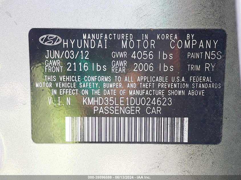 2013 Hyundai Elantra Gt VIN: KMHD35LE1DU024623 Lot: 39596888