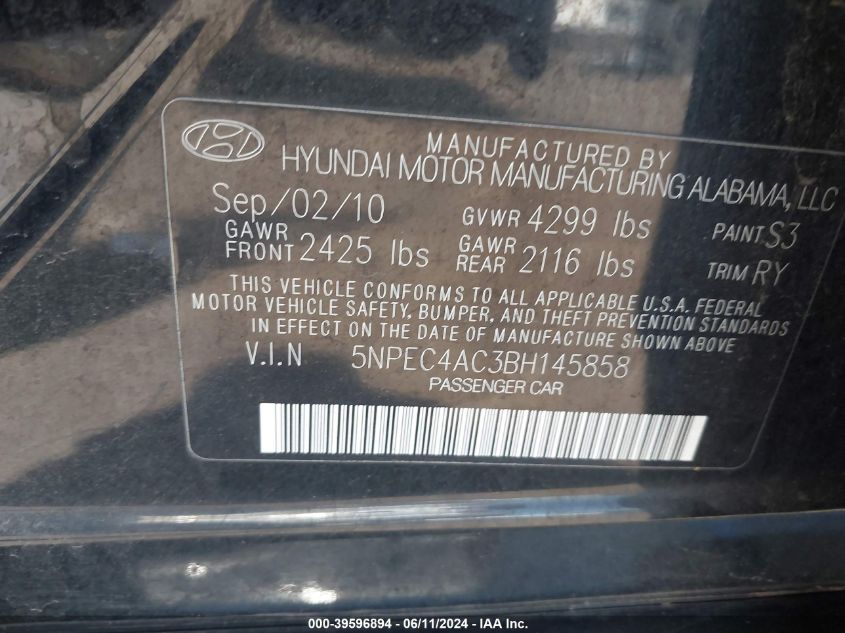 2011 Hyundai Sonata Se VIN: 5NPEC4AC3BH145858 Lot: 39596894