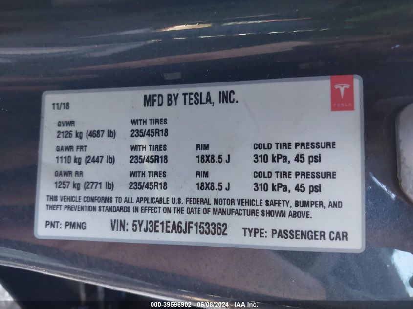 2018 Tesla Model 3 Long Range/Mid Range VIN: 5YJ3E1EA6JF153362 Lot: 39596902