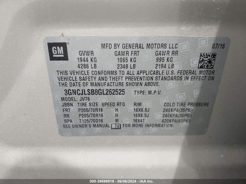 2016 Chevrolet Trax Lt VIN: 3GNCJLSB8GL262525 Lot: 39596919