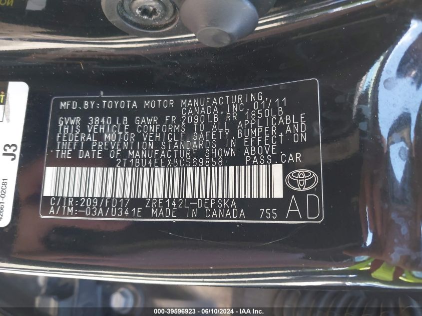 2011 Toyota Corolla S VIN: 2T1BU4EEXBC569858 Lot: 39596923