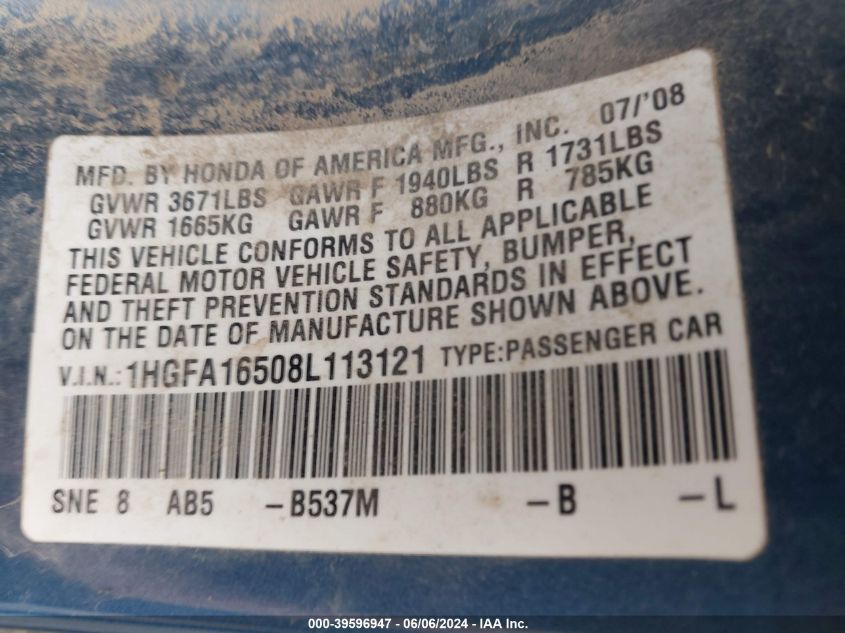 2008 Honda Civic Lx VIN: 1HGFA16508L113121 Lot: 39596947
