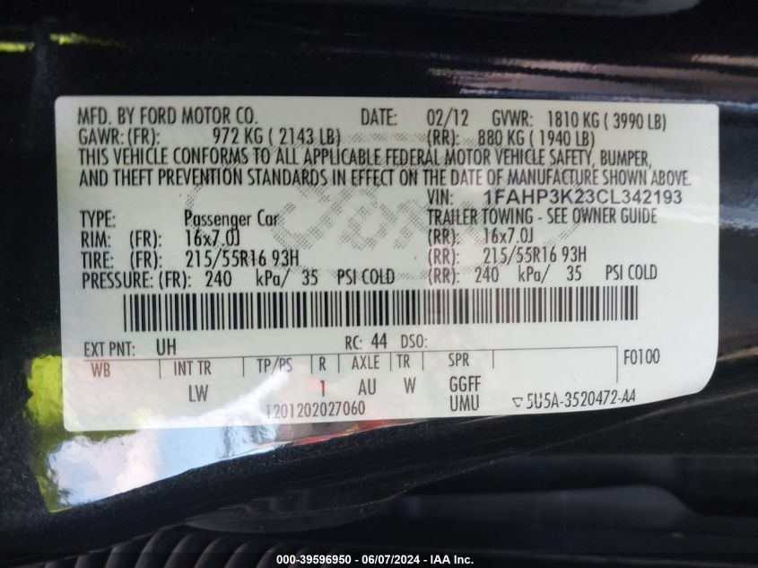 2012 Ford Focus Se VIN: 1FAHP3K23CL342193 Lot: 39596950