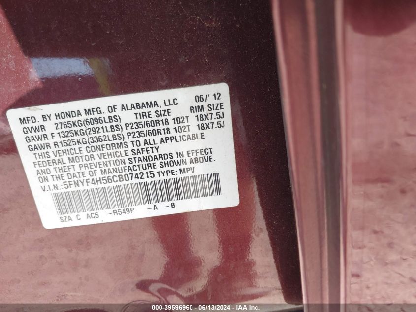 2012 Honda Pilot Ex-L VIN: 5FNYF4H56CB074215 Lot: 39596960