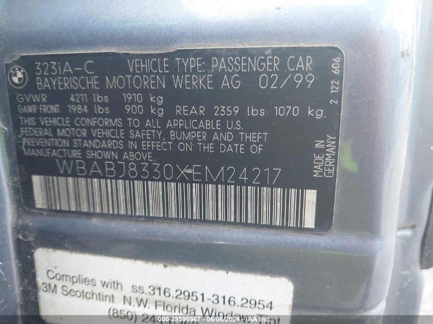1999 BMW 323 Ic Automatic VIN: WBABJ8330XEM24217 Lot: 39596967