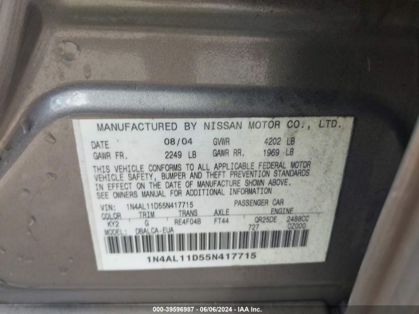 2005 Nissan Altima 2.5 S VIN: 1N4AL11D55N417715 Lot: 39596987