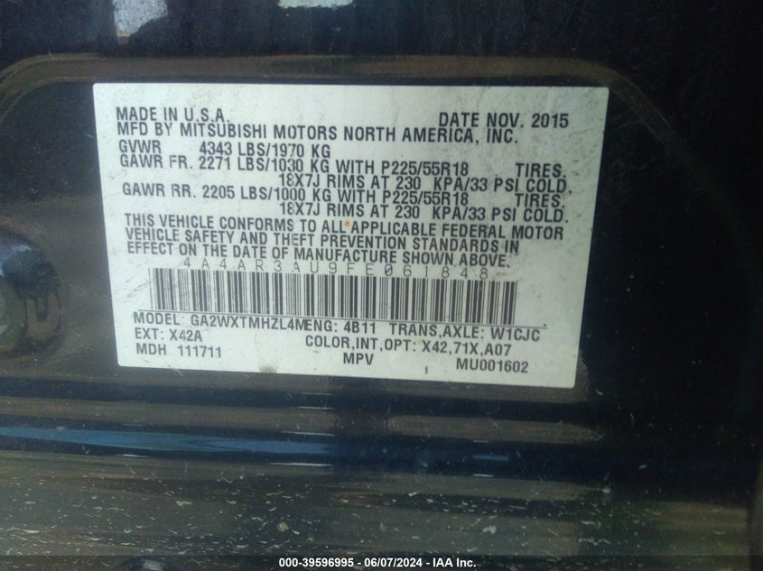 2015 Mitsubishi Outlander Sport Es VIN: 4A4AR3AU9FE061848 Lot: 39596995