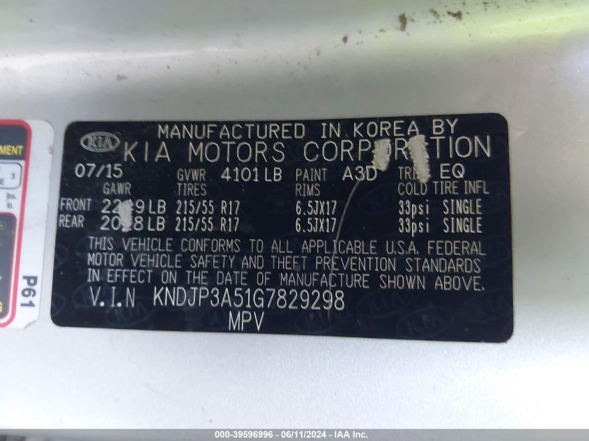 2016 Kia Soul + VIN: KNDJP3A51G7829298 Lot: 39596996