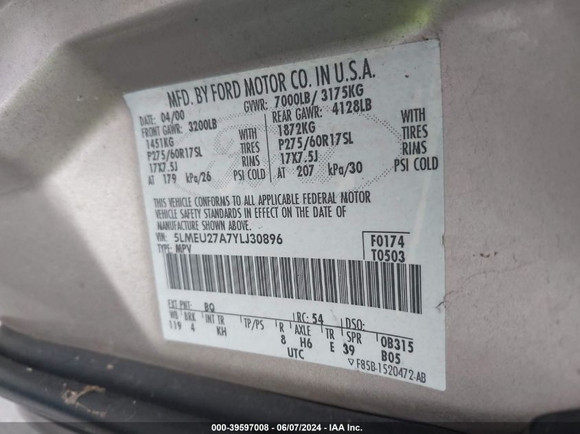 2000 Lincoln Navigator VIN: 5LMEU27A7YLJ30896 Lot: 39597008