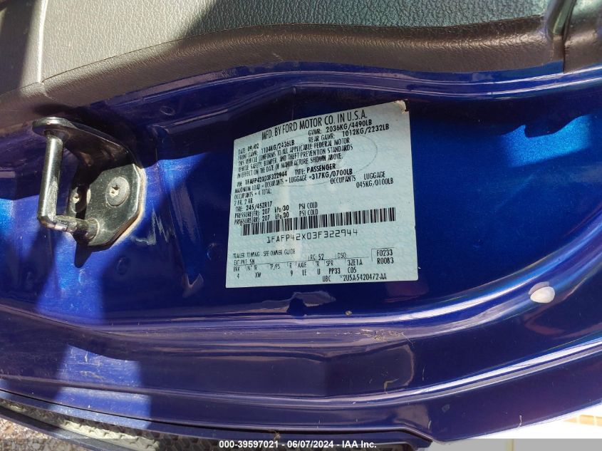 2003 Ford Mustang Gt VIN: 1FAFP42X03F322944 Lot: 39597021