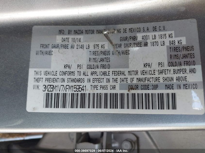 2015 Mazda Mazda3 I Touring VIN: 3MZBM1V7XFM159541 Lot: 39597029
