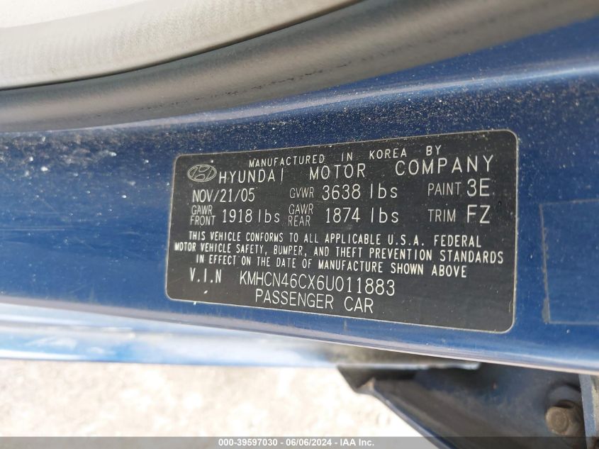 2006 Hyundai Accent Gls VIN: KMHCN46CX6U011883 Lot: 39597030