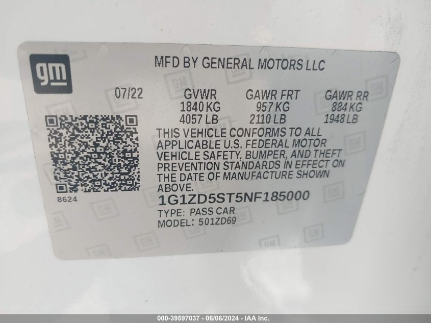 2022 CHEVROLET MALIBU FWD LT - 1G1ZD5ST5NF185000