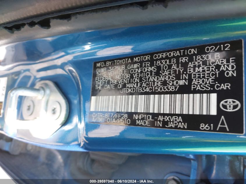 2012 Toyota Prius C Two VIN: JTDKDTB34C1503387 Lot: 39597040