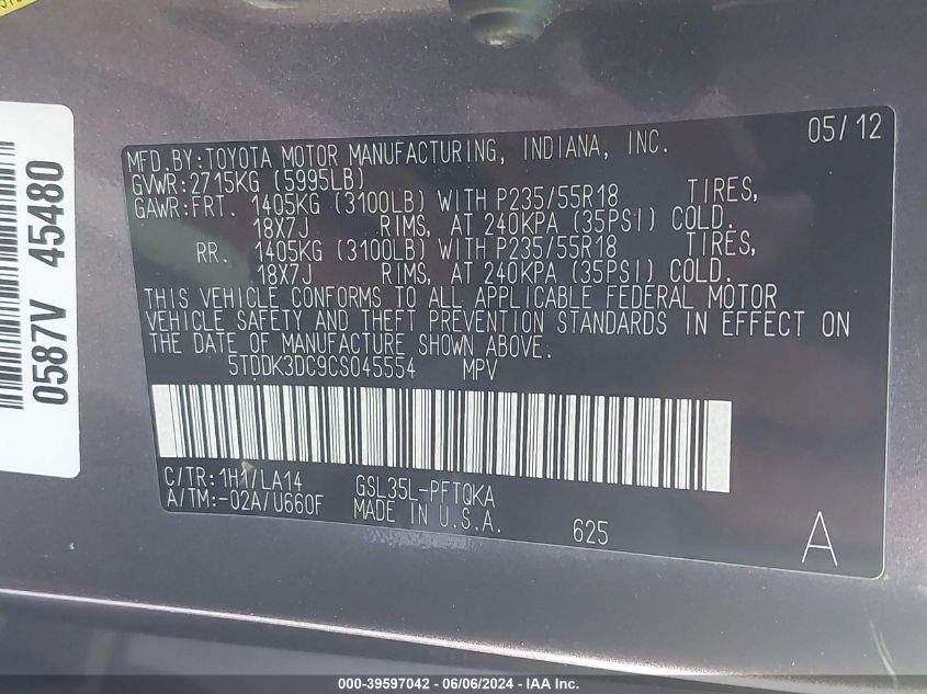 2012 Toyota Sienna Limited 7 Passenger VIN: 5TDDK3DC9CS045554 Lot: 39597042