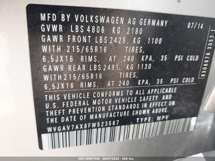 WVGAV7AX8FW523567 2015 Volkswagen Tiguan S