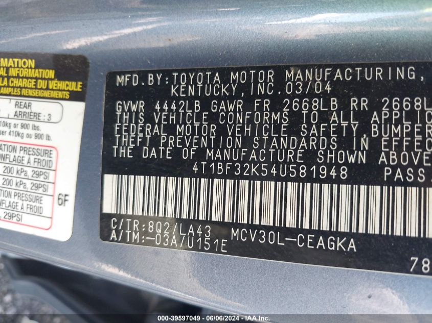 2004 Toyota Camry Xle V6 VIN: 4T1BF32K54U581948 Lot: 39597049