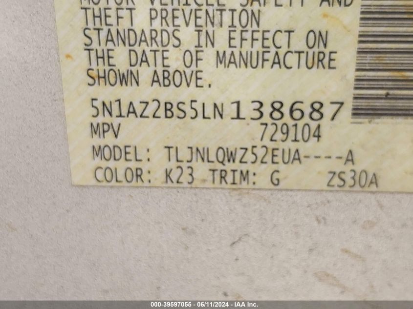 2020 Nissan Murano Sv Intelligent Awd VIN: 5N1AZ2BS5LN138687 Lot: 39597055