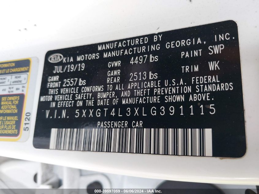 2020 Kia Optima Lx VIN: 5XXGT4L3XLG391115 Lot: 39597059