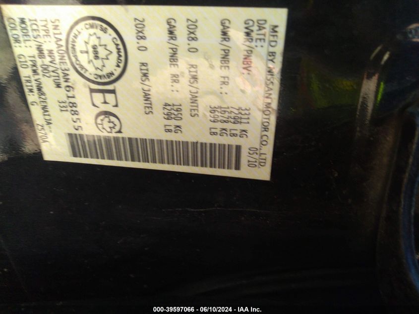 2010 Nissan Armada Platinum VIN: 5N1AA0NE3AN618855 Lot: 39597066