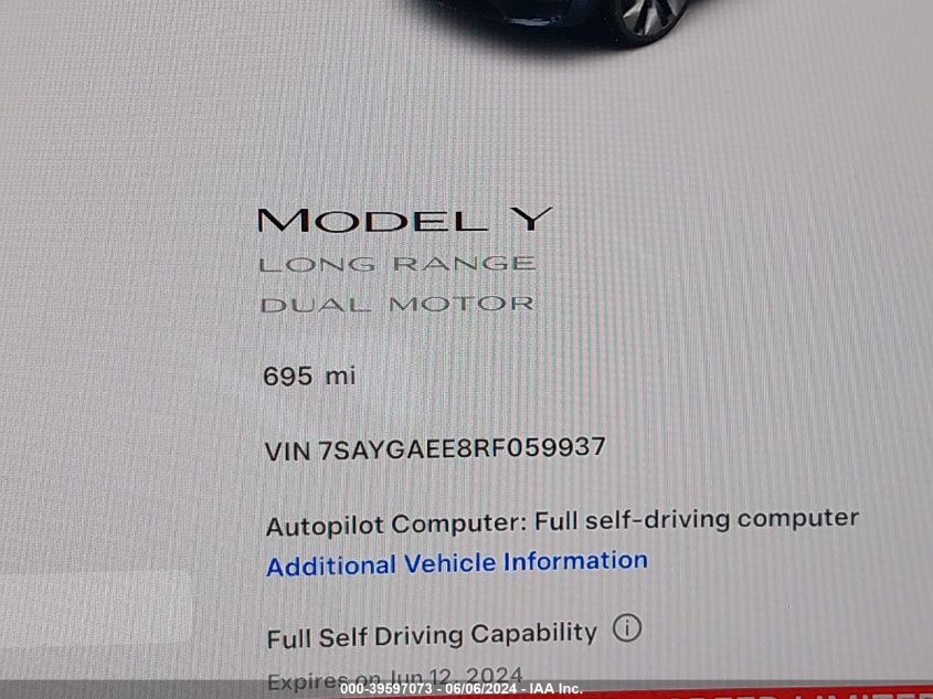 2024 Tesla Model Y Long Range Dual Motor All-Wheel Drive VIN: 7SAYGAEE8RF059937 Lot: 39597073