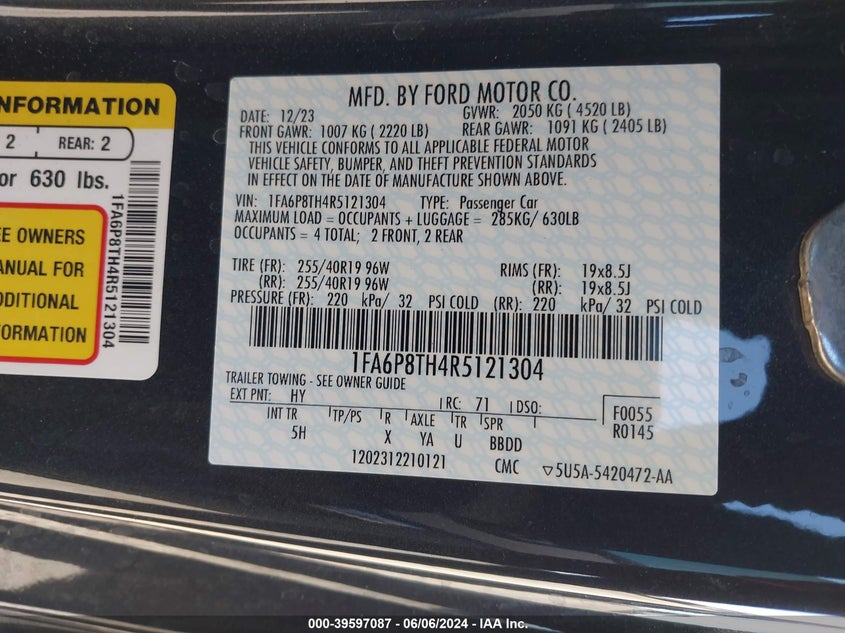 2024 FORD MUSTANG ECOBOOST PREMIUM FASTBACK - 1FA6P8TH4R5121304