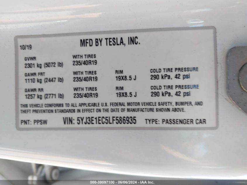 2020 TESLA MODEL 3 - 5YJ3E1EC5LF586935